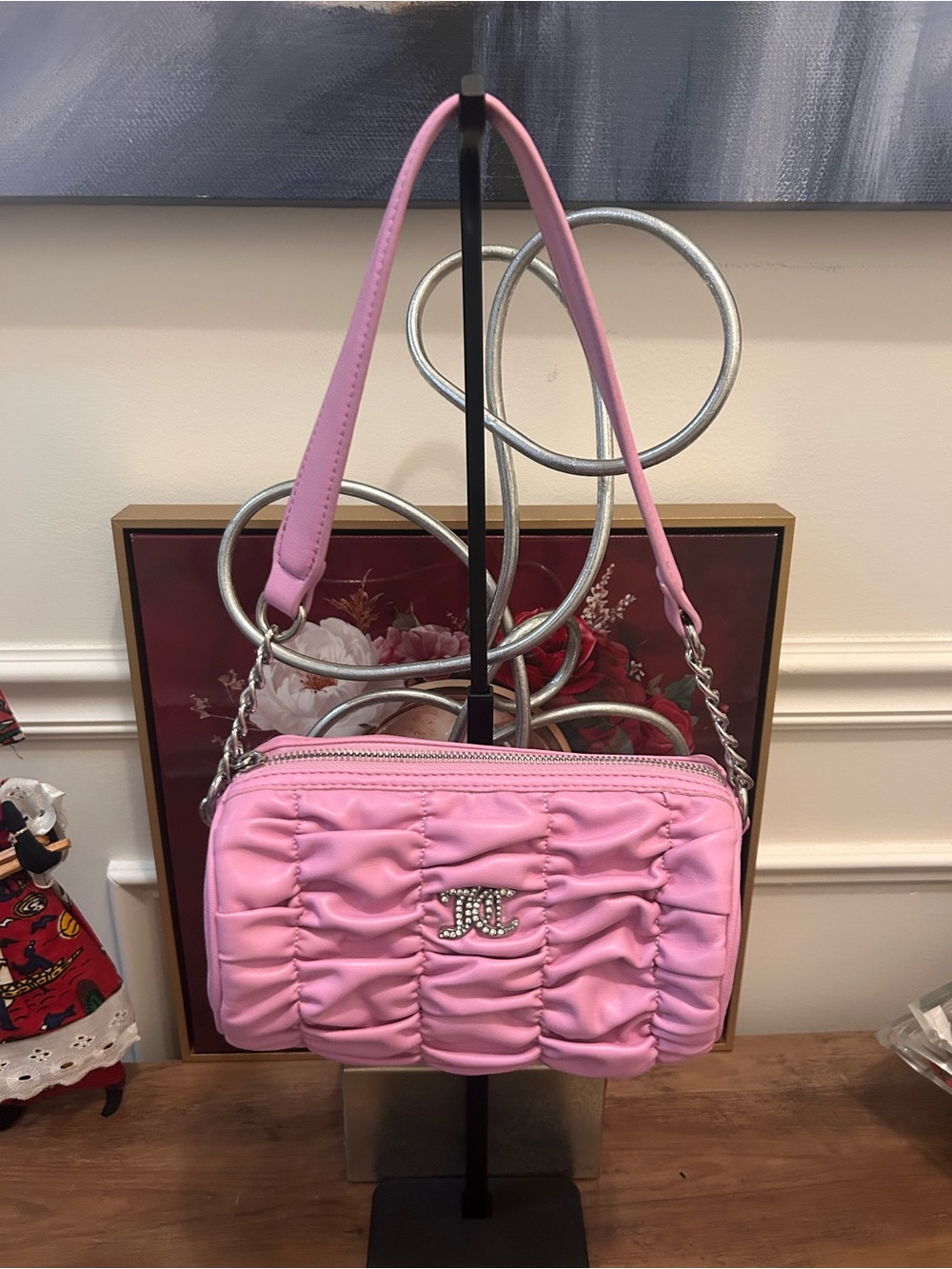 Juicy Couture Pink Ruched Shoulder Bag with Silver Logo and chain detail